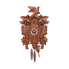  Cuckoo Clock - Carved 1-day cuckoo clock with a large cuckoo bird, two woodpeckers and seven leaves 45cm by Hekas - Cuckoo Collections