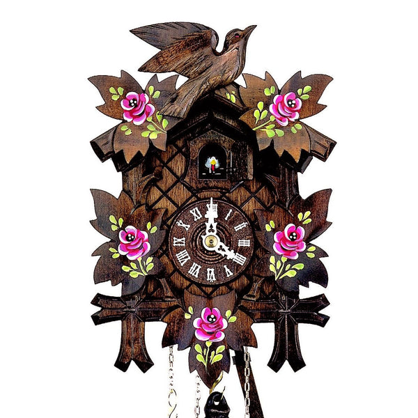  Cuckoo Clock - Carved 1-day cuckoo clock with bird and hand-painted roses 23cm by Hubert Herr - Cuckoo Collections