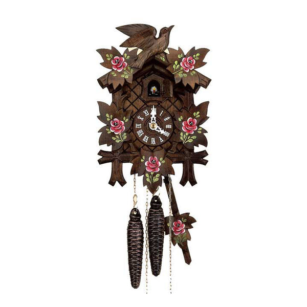 Cuckoo Clock - Carved 1-day cuckoo clock with bird and hand-painted roses 23cm by Hubert Herr - Cuckoo Collections