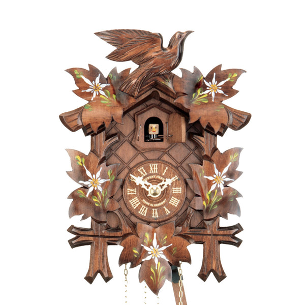  Cuckoo Clock - Carved 1-day cuckoo clock with birds and leaves painted with Edelweiss flowers 23cm by Hubert Herr - Cuckoo Collections