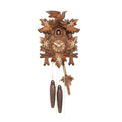  Cuckoo Clock - Carved 1-day cuckoo clock with birds and leaves painted with Edelweiss flowers 23cm by Hubert Herr - Cuckoo Collections