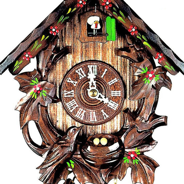  Cuckoo Clock - Carved 1-day cuckoo clock with chalet-roof and carved cuckoo bird with egg-filled nest 23cm by Hubert Herr - Cuckoo Collections