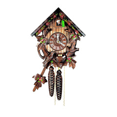  Cuckoo Clock - Carved 1-day cuckoo clock with chalet-roof and carved cuckoo bird with egg-filled nest 23cm by Hubert Herr - Cuckoo Collections