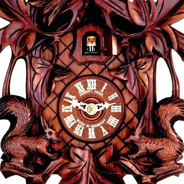  Cuckoo Clock - Carved 1-day cuckoo clock with deep-carved cuckoo bird and two squirrels 30cm by Hubert Herr - Cuckoo Collections