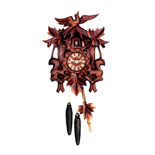  Cuckoo Clock - Carved 1-day cuckoo clock with deep-carved cuckoo bird and two squirrels 30cm by Hubert Herr - Cuckoo Collections