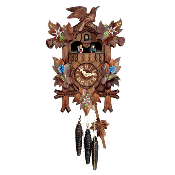  Cuckoo Clock - Carved 1-day musical cuckoo clock with hand-painted edelweiss & enzian flowers and dancers 35.5cm by Hubert Herr - Cuckoo Collections