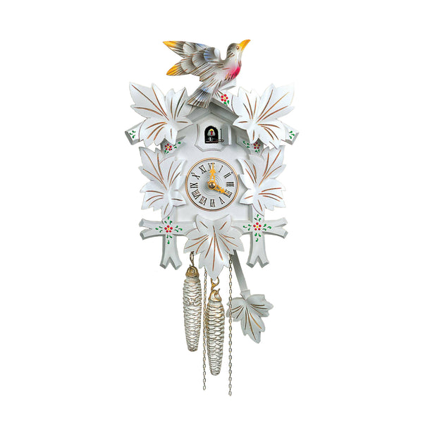  Cuckoo Clock - Carved 1-day cuckoo clock with hand-painted flowers and gold highlights (White) 30cm by Hubert Herr - Cuckoo Collections