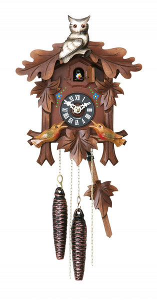  Cuckoo Clock - Carved 1-day cuckoo clock with owl and colourful birds 26cm by Hubert Herr - Cuckoo Collections