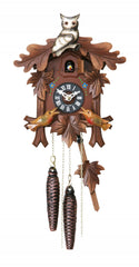  Cuckoo Clock - Carved 1-day cuckoo clock with owl and colourful birds 26cm by Hubert Herr - Cuckoo Collections