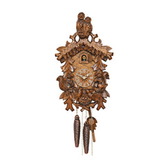  Cuckoo Clock - Carved 1-day cuckoo clock with pair of owls, two squirrels, birds around egg-filled nest 36cm by Hekas - Cuckoo Collections