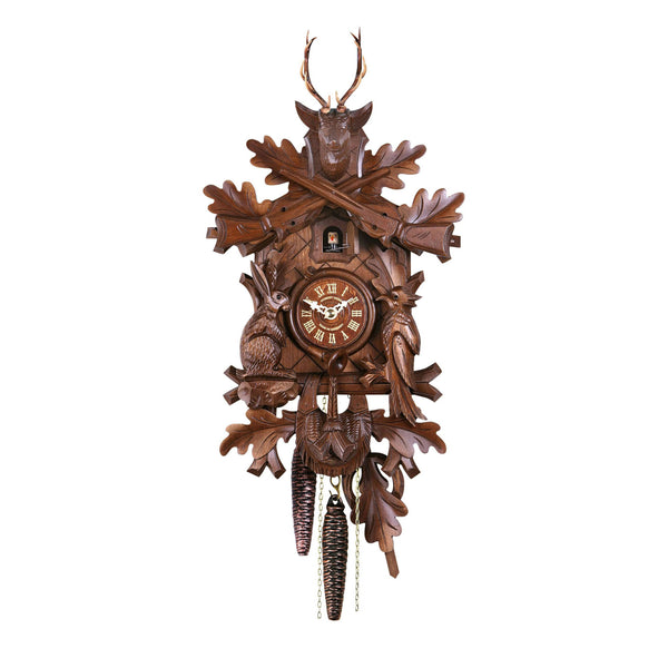  Cuckoo Clock - Carved 1-day cuckoo clock with stag head, rabbit and wood-pecker bird 43cm by Hubert Herr - Cuckoo Collections