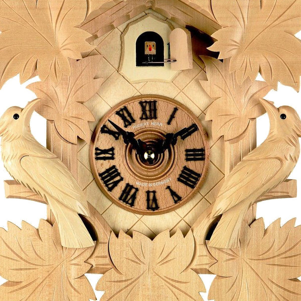  Cuckoo Clock - Carved 1-day cuckoo clock with three birds, five leaves and naturally stained wood 40cm by Hubert Herr - Cuckoo Collections