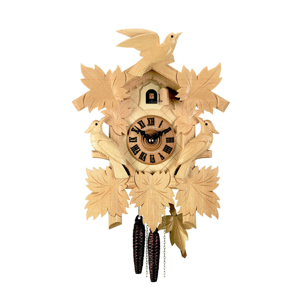  Cuckoo Clock - Carved 1-day cuckoo clock with three birds, five leaves and naturally stained wood 40cm by Hubert Herr - Cuckoo Collections