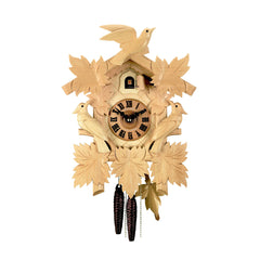  Cuckoo Clock - Carved 1-day cuckoo clock with three birds, five leaves and naturally stained wood 40cm by Hubert Herr - Cuckoo Collections