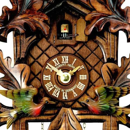  Cuckoo Clock - Carved 1-day cuckoo clock with two birds and leaves 26cm by Hubert Herr - Cuckoo Collections