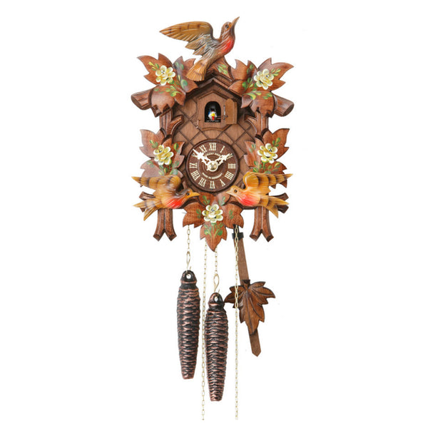  Cuckoo Clock - Carved 1-day cuckoo clock with two colourful birds and leaves 25cm by Hubert Herr - Cuckoo Collections