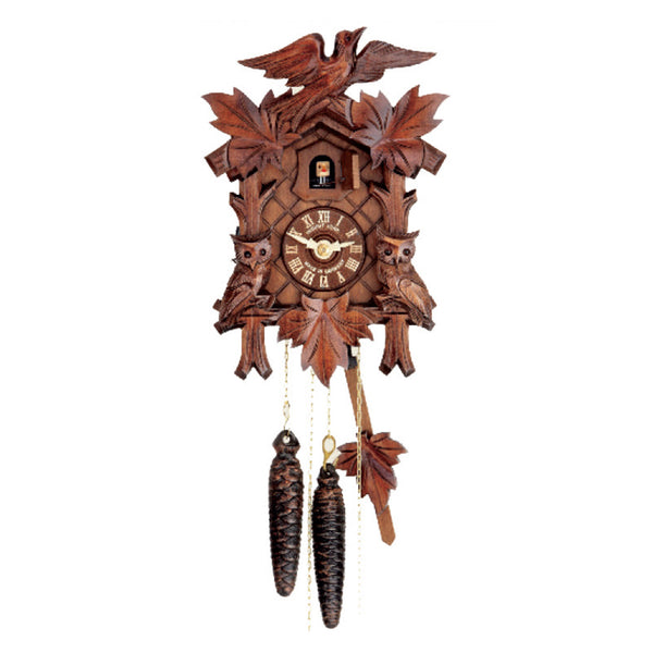  Cuckoo Clock - Carved 1-day cuckoo clock with two owls and leaves 26cm by Hubert Herr - Cuckoo Collections