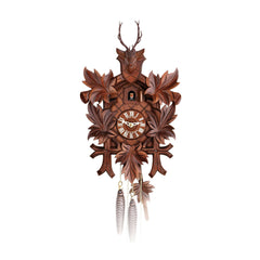  Cuckoo Clock - Carved 1-day Hunting-style cuckoo clock with deer head and five maple leaves 35cm by Hubert Herr - Cuckoo Collections