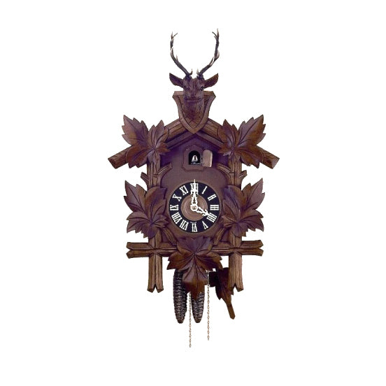  Cuckoo Clock - Carved 1-day Hunting-style cuckoo clock with deer head and five maple leaves and dark clock face 35cm by Hubert Herr - Cuckoo Collections