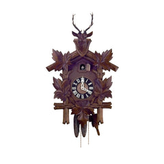  Cuckoo Clock - Carved 1-day Hunting-style cuckoo clock with deer head and five maple leaves and dark clock face 35cm by Hubert Herr - Cuckoo Collections