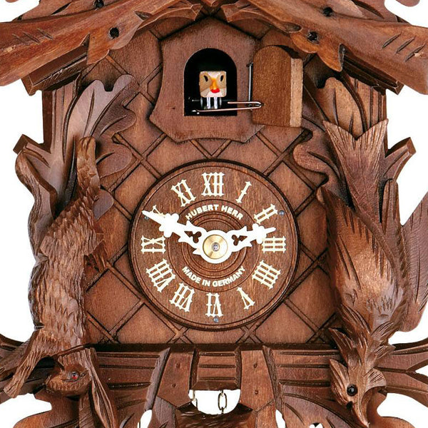  Cuckoo Clock - Carved 1-day Hunting-style cuckoo clock with rifles and hanging rabbit, pheasant 30cm by Hubert Herr - Cuckoo Collections