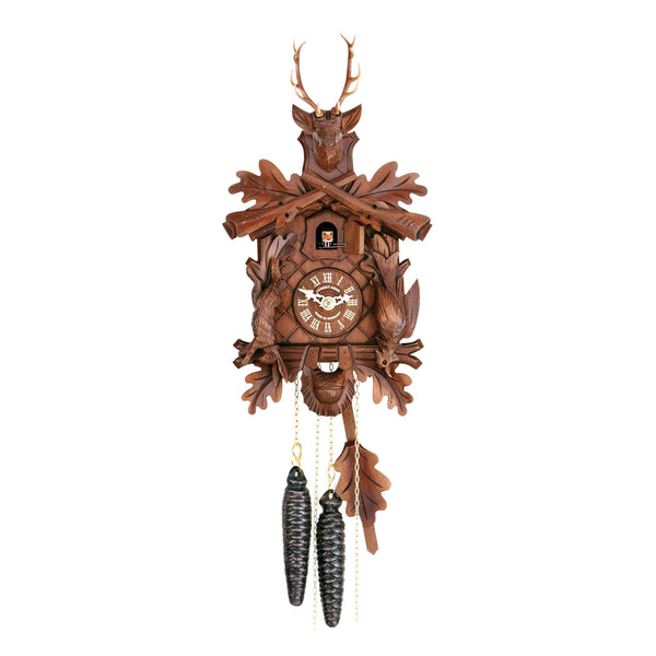  Cuckoo Clock - Carved 1-day Hunting-style cuckoo clock with rifles and hanging rabbit, pheasant 30cm by Hubert Herr - Cuckoo Collections