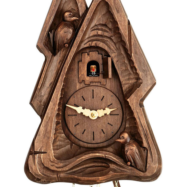  Cuckoo Clock - Carved 8-day modern-styled cuckoo clock with abstract triangular shape and two birds 34cm by Hubert Herr - Cuckoo Collections