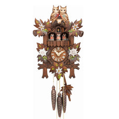  Cuckoo Clock - Carved 1-day musical cuckoo clock with hand-painted owls, birds, edelweiss flowers and moving dancers 39cm by Hubert Herr - Cuckoo Collections