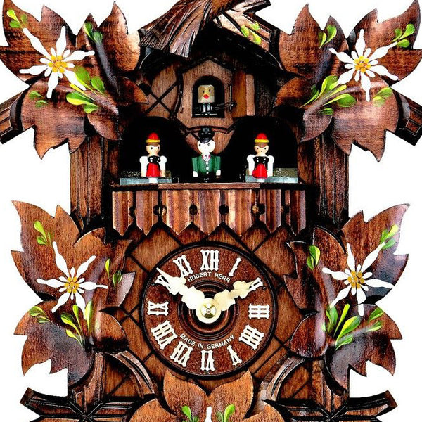  Cuckoo Clock - Carved 1-day musical cuckoo clock with dancers and maple leaves hand-painted with edelweiss flowers 37cm by Hubert Herr - Cuckoo Collections
