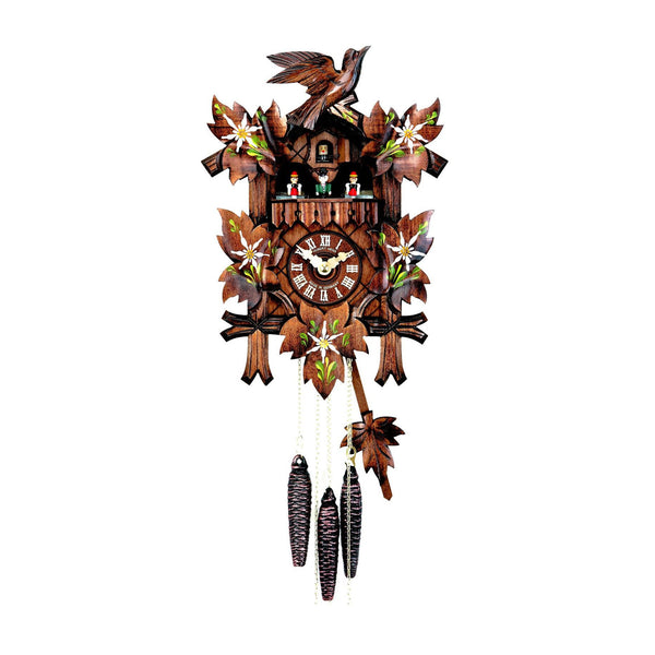  Cuckoo Clock - Carved 1-day musical cuckoo clock with dancers and maple leaves hand-painted with edelweiss flowers 37cm by Hubert Herr - Cuckoo Collections