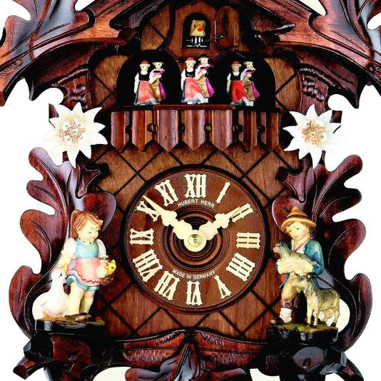  Cuckoo Clock - Carved 1-day musical cuckoo clock with dancers, painted edelweiss flowers, cuckoo bird and boy and girl 48cm by Hubert Herr - Cuckoo Collections
