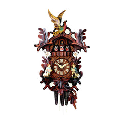  Cuckoo Clock - Carved 1-day musical cuckoo clock with dancers, painted edelweiss flowers, cuckoo bird and boy and girl 48cm by Hubert Herr - Cuckoo Collections
