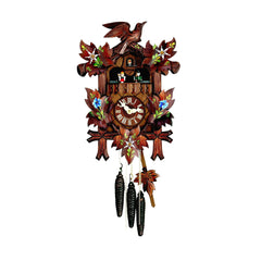  Cuckoo Clock - Carved 1-day musical cuckoo clock with maple leaves hand-painted with edelweiss and enzian flowers and dancers 37cm by Hubert Herr - Cuckoo Collections