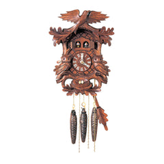  Cuckoo Clock - Carved 1-day musical cuckoo clock with twin doors, two owls, nest with eggs, and oak leaves 29cm by Hubert Herr - Cuckoo Collections