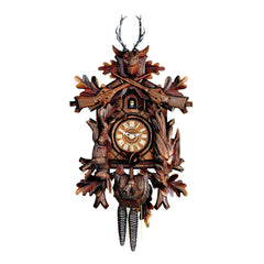  Cuckoo Clock - Carved 1-day Hunting-style cuckoo clock with stag head, two rifles, plesshorn, hanging rabbit and pheasant 42cm by Hubert Herr - Cuckoo Collections
