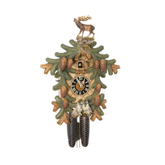  Cuckoo Clock - Carved 8-day colourful cuckoo clock with large stag, fir leaves, pine cones and owls 53cm by Hönes - Cuckoo Collections