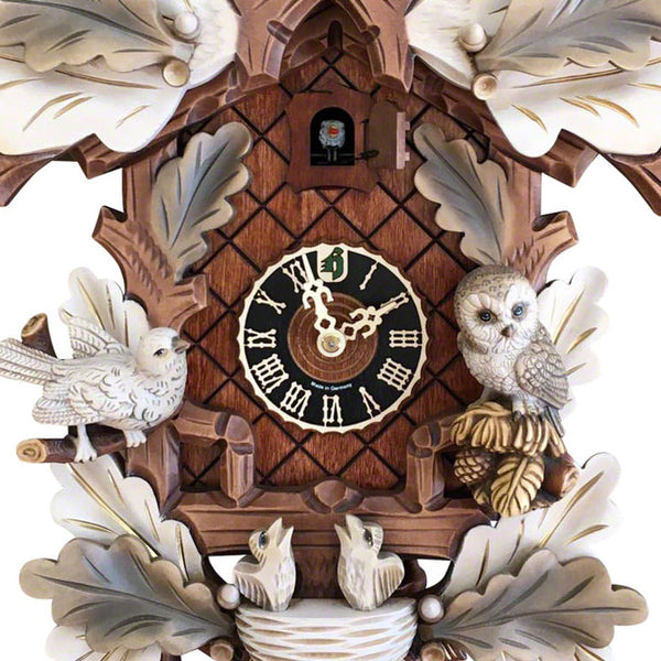  Cuckoo Clock - Carved 8-day cuckoo clock in cream, white and gold with a pair of owls, birds and oak leaves 46cm by Hönes - Cuckoo Collections