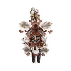  Cuckoo Clock - Carved 8-day cuckoo clock in cream, white and gold with a pair of owls, birds and oak leaves 46cm by Hönes - Cuckoo Collections