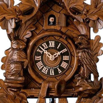  Cuckoo Clock - Carved 8-day cuckoo clock with cuckoo birds, rabbit, and oak leaves 40cm by Hönes - Cuckoo Collections