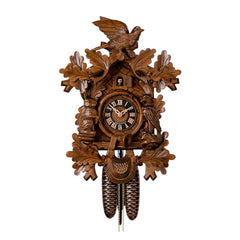  Cuckoo Clock - Carved 8-day cuckoo clock with cuckoo birds, rabbit, and oak leaves 40cm by Hönes - Cuckoo Collections