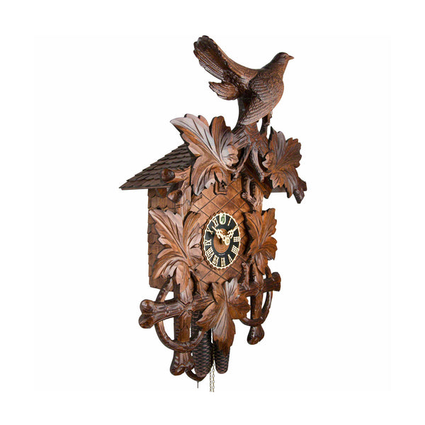  Cuckoo Clock - Carved 8-day cuckoo clock with large carved cuckoo bird and five maple leaves 61cm by Hönes - Cuckoo Collections