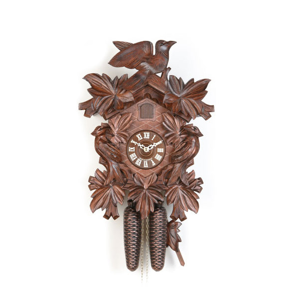  Cuckoo Clock - Carved 8-day cuckoo clock with large cuckoo bird, two woodpeckers, and seven maple leaves 46cm by Hekas - Cuckoo Collections