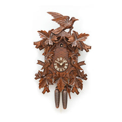  Cuckoo Clock - Carved 8-day cuckoo clock with large cuckoo bird, two woodpeckers, and seven maple leaves 60cm by Hekas - Cuckoo Collections