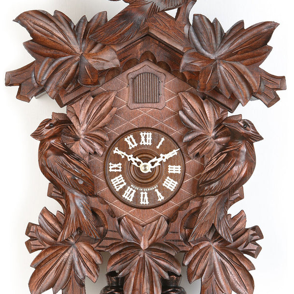  Cuckoo Clock - Carved 8-day cuckoo clock with large cuckoo bird, two woodpeckers, and seven maples leaves 40cm by Hekas - Cuckoo Collections