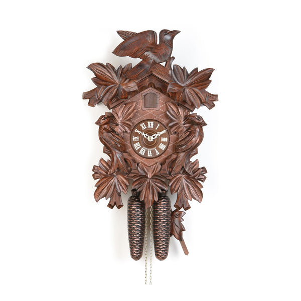  Cuckoo Clock - Carved 8-day cuckoo clock with large cuckoo bird, two woodpeckers, and seven maples leaves 40cm by Hekas - Cuckoo Collections