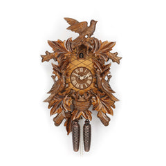  Cuckoo Clock - Carved 8-day cuckoo clock with large cuckoo bird, two woodpeckers, baby birds in nest, and six maple leaves 56cm by Hekas - Cuckoo Collections