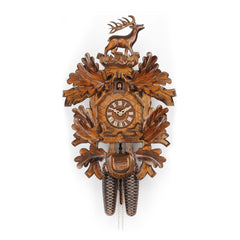  Cuckoo Clock - Carved 8-day cuckoo clock with large stag, oak leaves and game bag 44cm by Hekas - Cuckoo Collections
