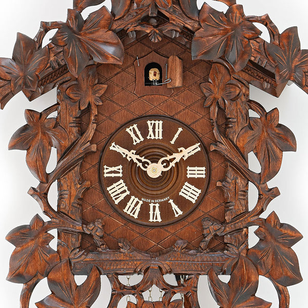  Cuckoo Clock - Carved 8-day Replica 1885 'Bahnhaeusli' Railroad-style cuckoo clock with maple leaves and vines 50cm by Hekas - Cuckoo Collections