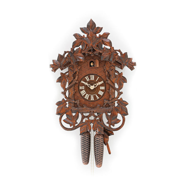  Cuckoo Clock - Carved 8-day Replica 1885 'Bahnhaeusli' Railroad-style cuckoo clock with maple leaves and vines 50cm by Hekas - Cuckoo Collections