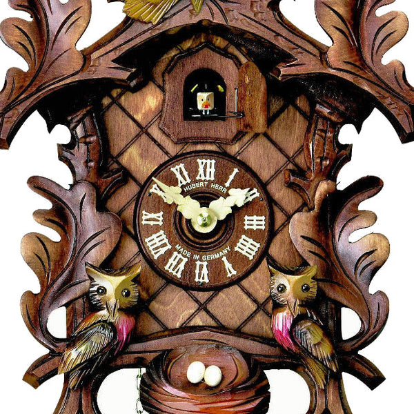  Cuckoo Clock - Carved 8-day cuckoo clock with moving owls and eggs in nest 42cm by Hubert Herr - Cuckoo Collections